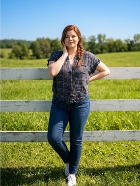 Blue and Black Plaid Button-Up Shirt. Good for everyday activities.